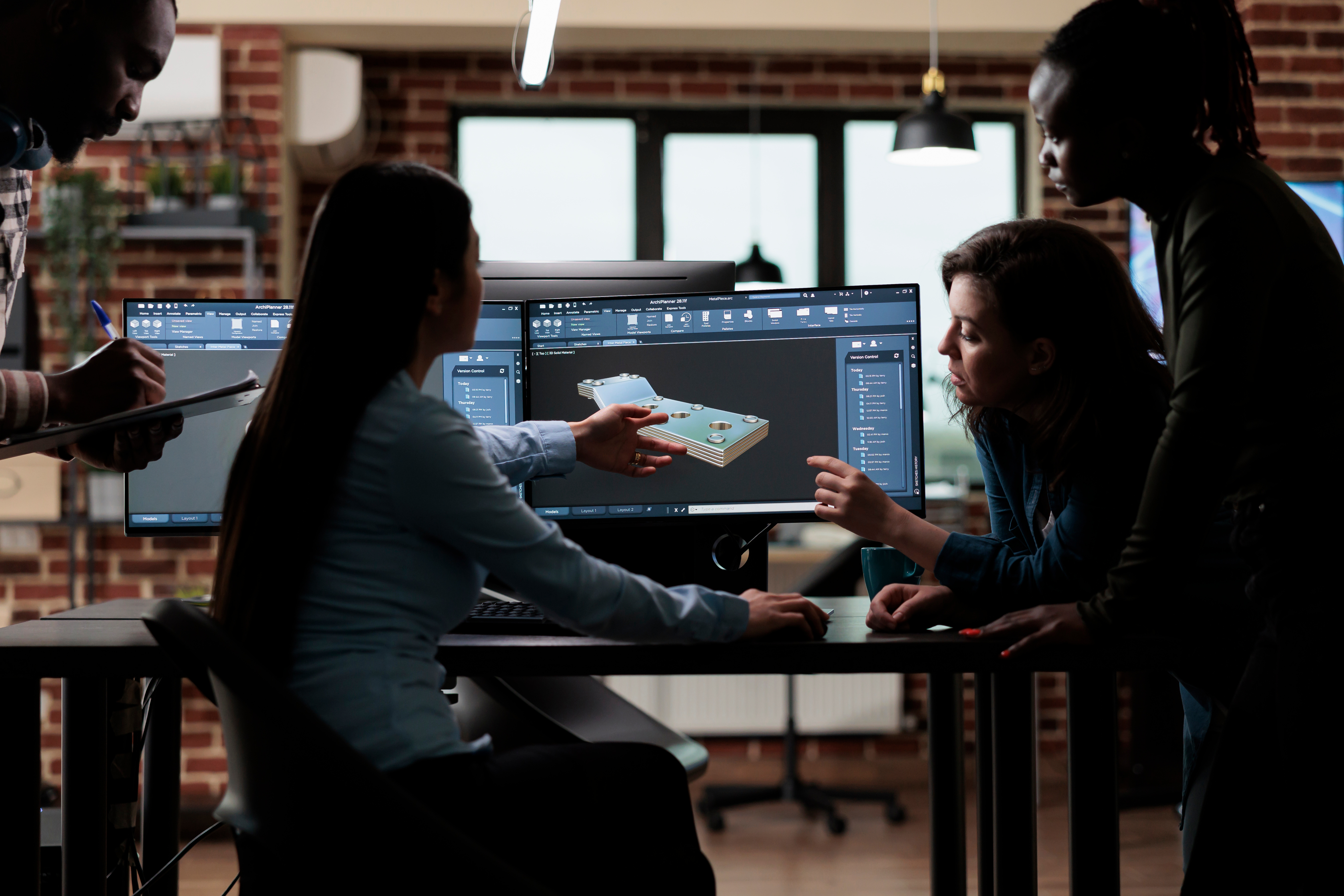 A group of 4 people are looking at an engineering drawing in a computer screen