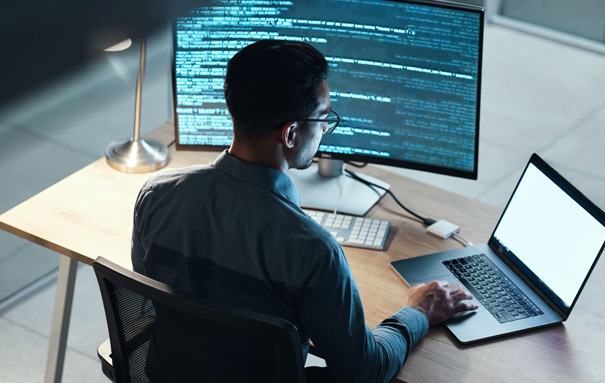 Ashley associate looking at 2 screens