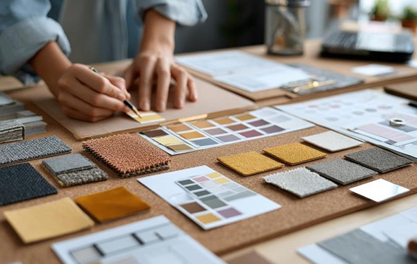 Different samples of cloths and color selection, where an Ashley associate is picking the best choice.